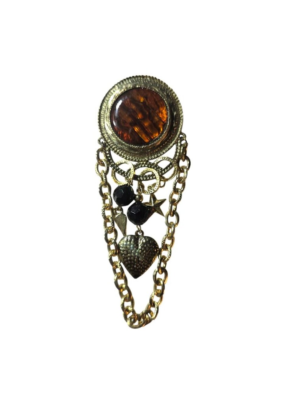 Vtg Gold Tone Brooch Brown Cabochon Black Beads Heart Charms Chain Dangle MCM